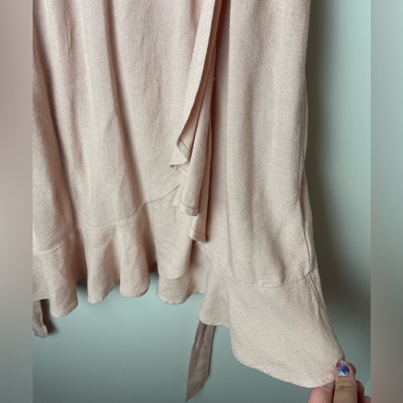 American Eagle Faux Wrap Dress Tie Waist Blush Pink Linen Viscose Size Small - Picture 4 of 8
